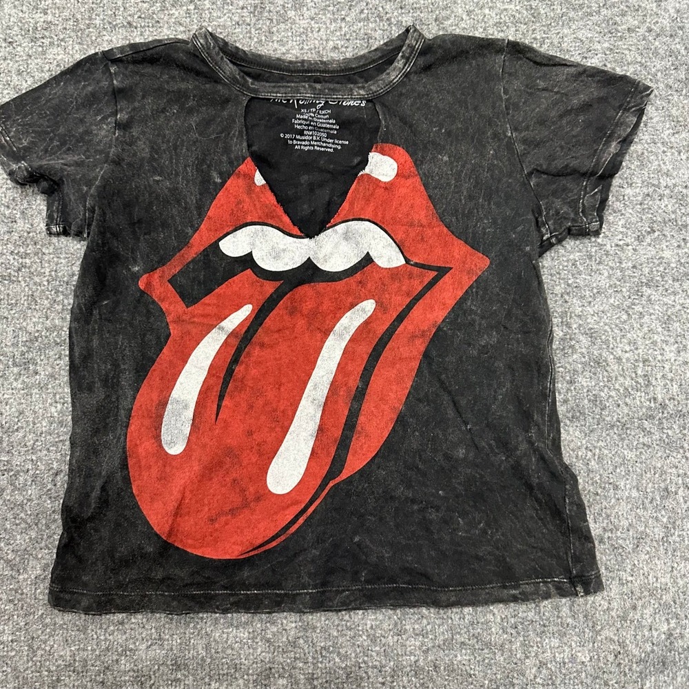 Rolling Stones Shirt Womens XS Black Graphic Cutout V-Neck Mineral Wash Band Tee